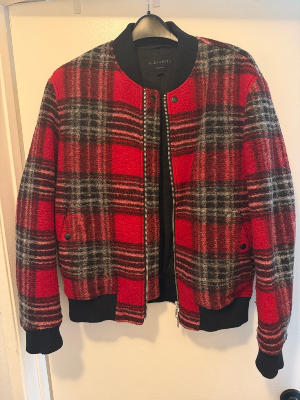 AllSaints Red Plaid wool Bomber Jacket